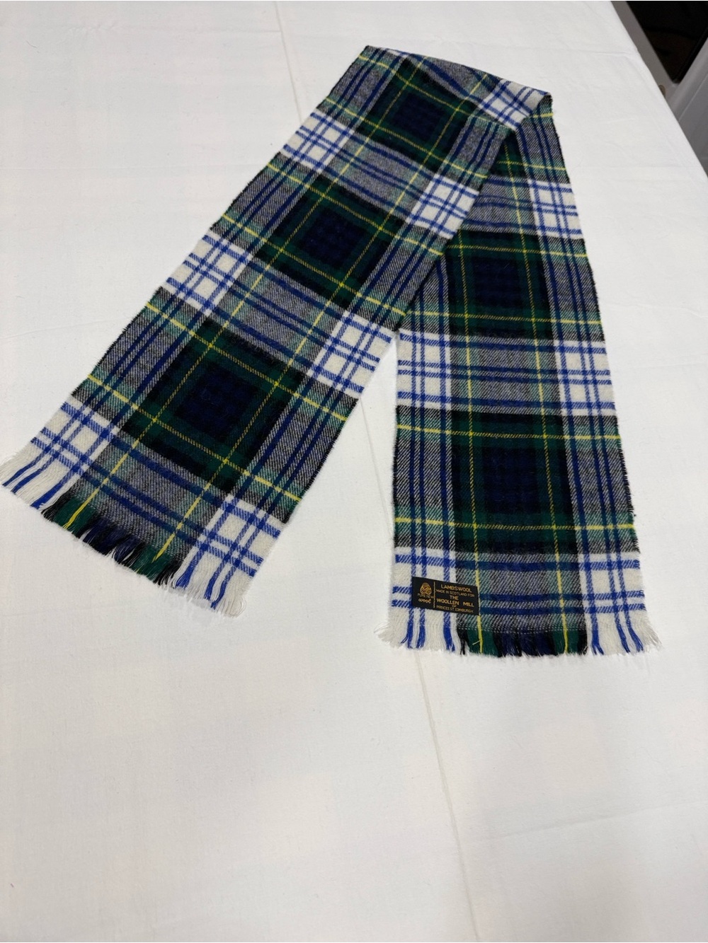 100% Pure Lambswool Plaid Fringe Scarf - Blue Green White
